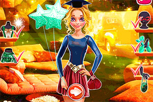 파란 상의와 빨간 스커트를 입고 졸업모를 쓴 인형 같은 캐릭터가 중앙에 있으며, 주변에 여러 의상 아이콘과 체크 표시가 배치된 이미지