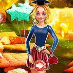 파란 상의와 빨간 스커트를 입고 졸업모를 쓴 인형 같은 캐릭터가 중앙에 있으며, 주변에 여러 의상 아이콘과 체크 표시가 배치된 이미지