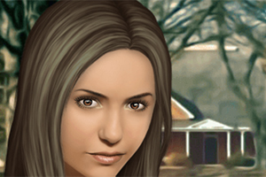 젊은 여성이 정면을 바라보고 있으며 배경에는 나무와 집이 흐릿하게 보인다