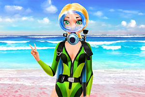 금발의 만화 캐릭터가 해변 배경에서 녹색 잠수복과 스쿠버 장비를 착용하고 있다