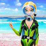 금발의 만화 캐릭터가 해변 배경에서 녹색 잠수복과 스쿠버 장비를 착용하고 있다