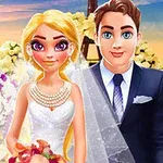 웨딩드레스를 입은 여자와 턱시도를 입은 남자가 꽃으로 장식된 배경 앞에 서 있는 모습