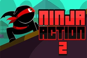 검은색 닌자가 빨간 머리띠를 두르고 경사로에 서 있으며, 옆에 NINJA ACTION 2 글자가 있는 이미지