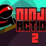 검은색 닌자가 빨간 머리띠를 두르고 경사로에 서 있으며, 옆에 NINJA ACTION 2 글자가 있는 이미지