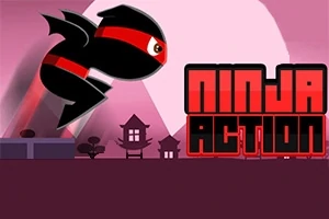 어두운 배경에 빨간 띠를 두른 검은 닌자가 점프하고 있으며, 오른쪽에 NINJA ACTION이라는 글자가 있다