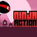 어두운 배경에 빨간 띠를 두른 검은 닌자가 점프하고 있으며, 오른쪽에 NINJA ACTION이라는 글자가 있다