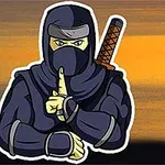 닌자가 검은 복장을 입고 검을 등에 메고 손가락으로 입을 가리키는 모습