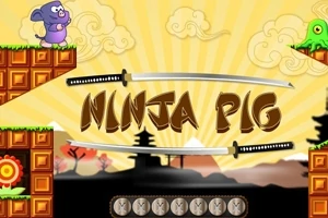 닌자 돼지와 녹색 생물이 양쪽 플랫폼에 서 있고, 중앙에 두 자루의 칼이 교차되어 있으며, 배경에는 구름과 전통 건축물이 있는 풍경