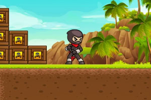 닌자가 밀림 배경과 나무 상자들 앞에 서 있는 모습