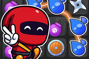 빨간 닌자가 브이 표시를 하고 있으며, 배경에 다양한 색상의 블록과 물방울 모양 아이콘이 있는 모습