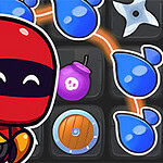 빨간 닌자가 브이 표시를 하고 있으며, 배경에 다양한 색상의 블록과 물방울 모양 아이콘이 있는 모습