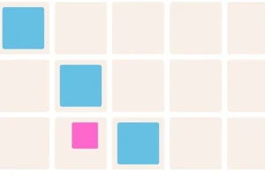 베이지색 배경의 격자에 파란색과 분홍색 정사각형이 배치된 이미지