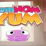 큰 글씨로 nom NOM YUM이 쓰여진 가운데, 귀여운 보라색 캐릭터가 아래쪽에 있는 이미지