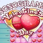 밝은 배경에 화살이 관통한 두 개의 붉은 하트와 그 위에 NONOGRAMS Valentines Day라는 텍스트가 있는 이미지