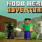 블록 스타일의 캐릭터 셋이 돌벽 앞에 서 있고, 그중 한 명은 검을 들고 있음