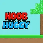 파란색 캐릭터가 픽셀 스타일의 나무 옆에 서 있고, 왼쪽에 NOOB HUGGY라는 빨간색 및 파란색 텍스트가 있는 이미지