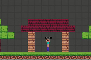 나무와 벽돌 구조물이 있는 픽셀 아트 배경에 캐릭터가 서 있다