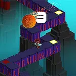 구불구불한 길 위를 오렌지색 공과 작은 캐릭터가 함께 이동하고 있는 모습