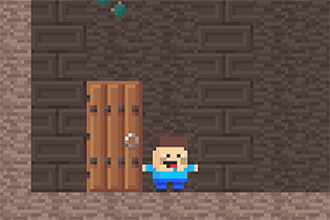 벽돌 배경 앞에 나무 문 옆에 서 있는 픽셀 아트 스타일의 캐릭터