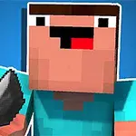 픽셀 스타일의 남자 캐릭터가 파란색 배경에서 도끼를 들고 있다