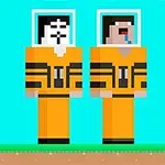 두 픽셀 아바타가 얼굴을 드러내는 창이 있는 주황색 우주복을 입고 있는 모습