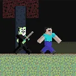 픽셀 스타일의 두 블록형 인물이 검을 들고 대치하고 있는 모습