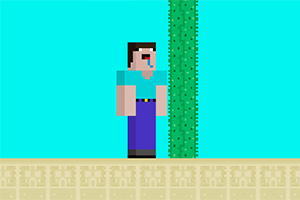 파란 배경에 픽셀 스타일 캐릭터가 선인장 옆에 서 있는 모습