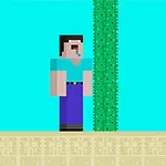 파란 배경에 픽셀 스타일 캐릭터가 선인장 옆에 서 있는 모습