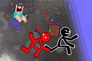 픽셀 스타일의 인물이 활을 쏘고 있고, 붉은 스틱맨과 검은 스틱맨이 음악이 나오는 라디오 앞에서 움직이고 있는 장면