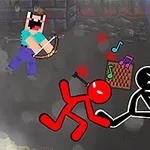 픽셀 스타일의 인물이 활을 쏘고 있고, 붉은 스틱맨과 검은 스틱맨이 음악이 나오는 라디오 앞에서 움직이고 있는 장면