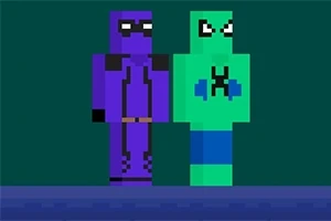 보라색과 초록색 픽셀 아트 캐릭터 두 명이 나란히 서 있는 이미지