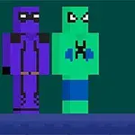 보라색과 초록색 픽셀 아트 캐릭터 두 명이 나란히 서 있는 이미지