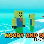 노란 로봇 캐릭터 두 명이 파란색과 하늘색 배경의 플랫폼 위에 서 있다