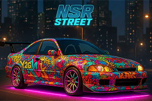 밝은 색상의 그래피티로 장식된 자동차가 네온 조명 아래 도시 야경을 배경으로 서 있다