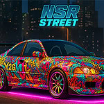 밝은 색상의 그래피티로 장식된 자동차가 네온 조명 아래 도시 야경을 배경으로 서 있다