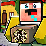 픽셀 스타일의 캐릭터가 피자 상자를 들고 있는 모습