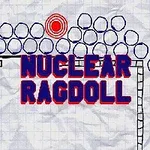빨간 표적과 파란 공들이 있는 격자 무늬 배경에 NUCLEAR RAGDOLL이라는 텍스트가 중앙에 있습니다