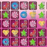 알록달록한 배경에 선물 상자, 하트, 별, 사탕 모양 아이콘과 숫자가 조합된 격자 무늬