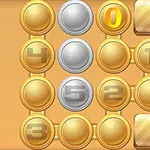 금색과 은색 동전들이 격자 모양으로 배열되어 있고, 숫자가 각 동전에 적혀 있다