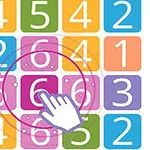 다양한 색상의 숫자 블록들 위에 가운데 6을 클릭하는 손 모양 아이콘