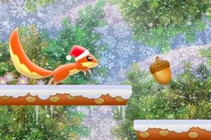 산타 모자를 쓴 다람쥐가 눈 덮인 플랫폼에서 도토리를 향해 달리는 모습