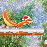 산타 모자를 쓴 다람쥐가 눈 덮인 플랫폼에서 도토리를 향해 달리는 모습