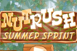 나무 판자와 잎사귀 배경 위에 NUT RUSH SUMMER SPRINT라는 텍스트가 있는 이미지
