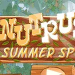 나무 판자와 잎사귀 배경 위에 NUT RUSH SUMMER SPRINT라는 텍스트가 있는 이미지