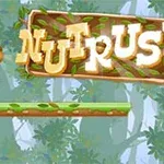 숲 배경에 다람쥐가 나무 조각 위를 달리는 모습과 Nut Rush라는 텍스트가 있는 이미지