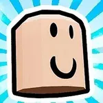 밝은 하늘색과 흰색의 방사형 배경 위에 웃는 얼굴이 그려진 베이지색 모양