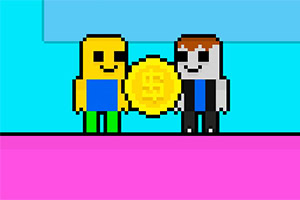 두 명의 픽셀 캐릭터가 큰 금색 동전을 들고 있는 장면