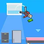 캐릭터가 돈을 들고 방 안에서 공중을 날아다니는 장면