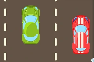 녹색 차와 빨간색 줄무늬 차가 2차선 도로를 주행하는 모습