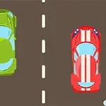 녹색 차와 빨간색 줄무늬 차가 2차선 도로를 주행하는 모습